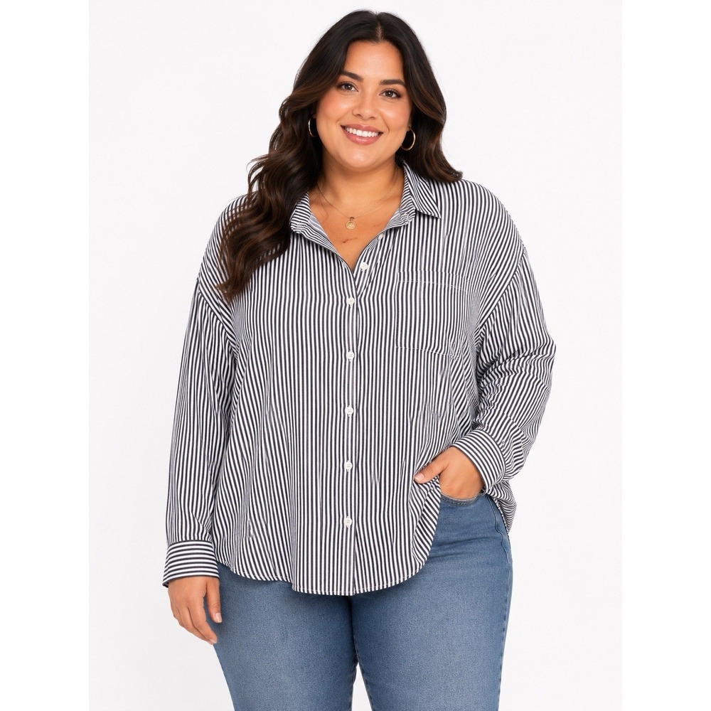 In Voland Plus Size 26W Womens Striped Button Down Shirt‎ Black White Cotton